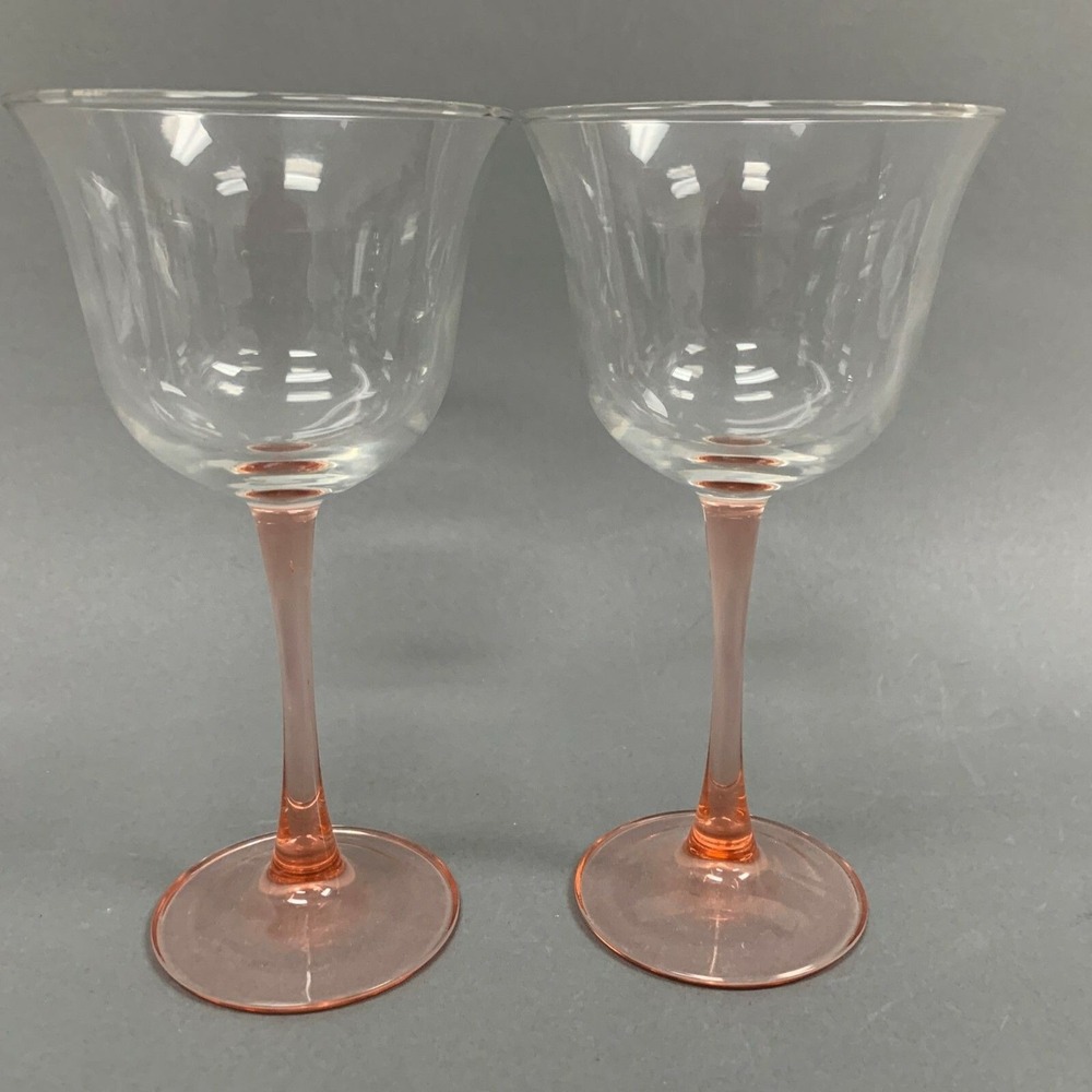 Wine Glasses Goblet Pink Stem Clear Bowl 7" Tall - Very Good Condition Lot of 2